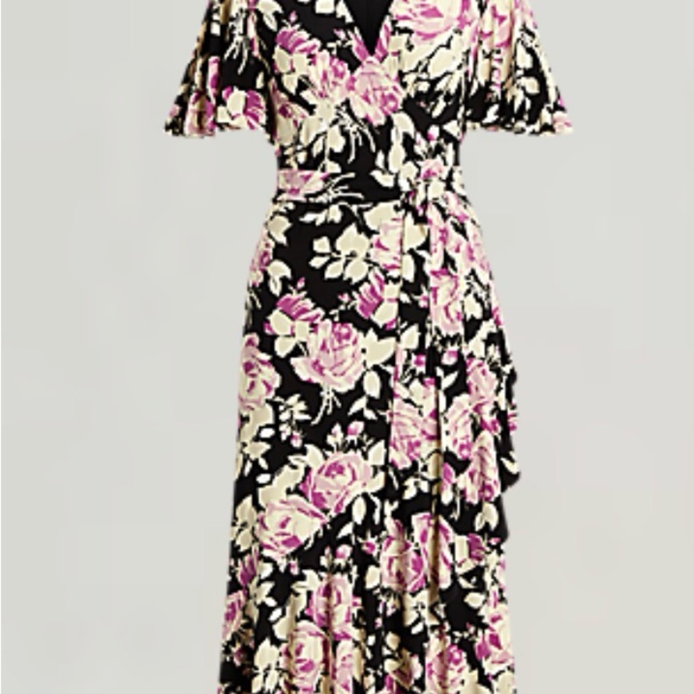 Lauren Ralph Lauren Black Floral Wrap Maxi Dress with Cream & Pink Roses